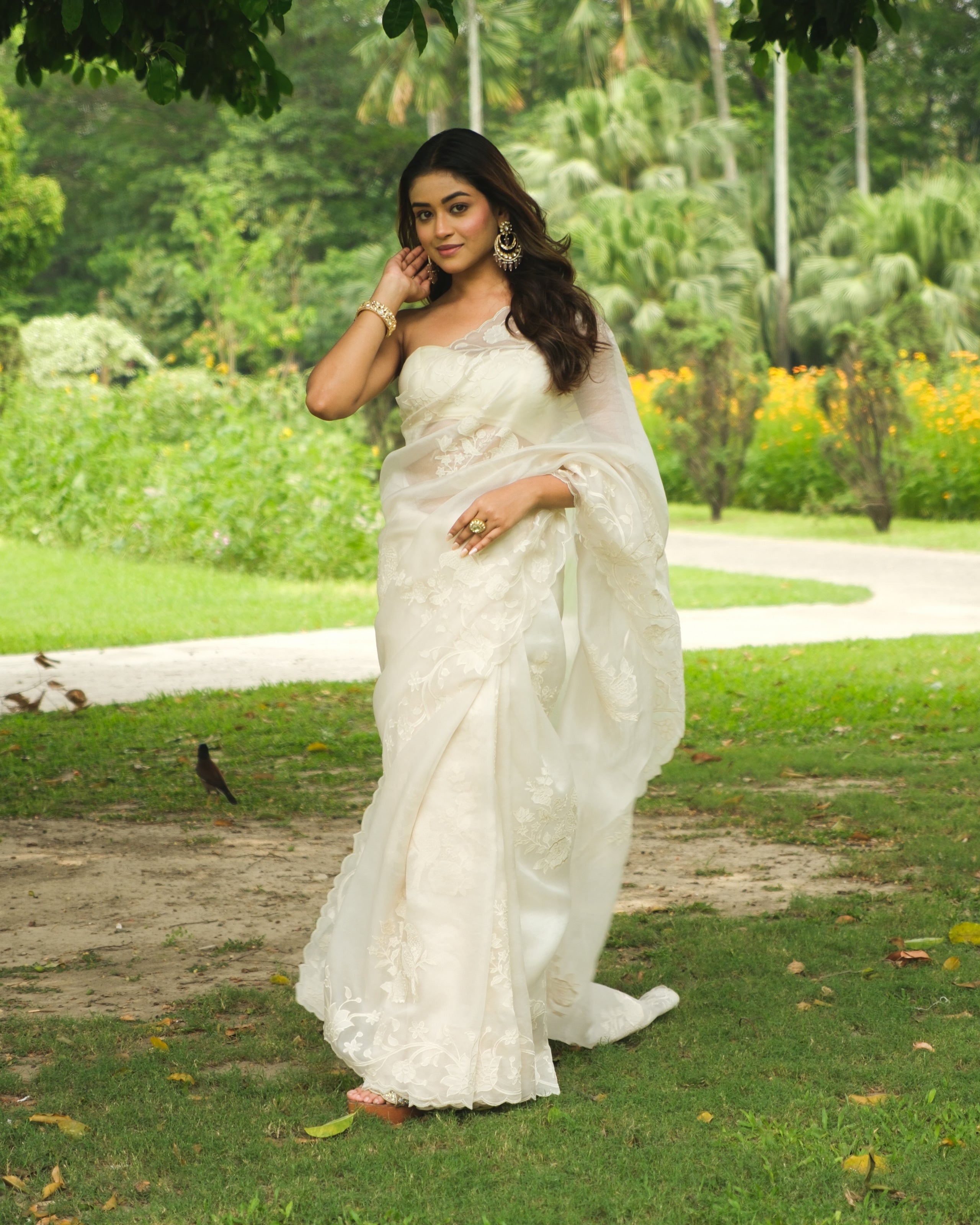 Ivory Organza Applique Saree