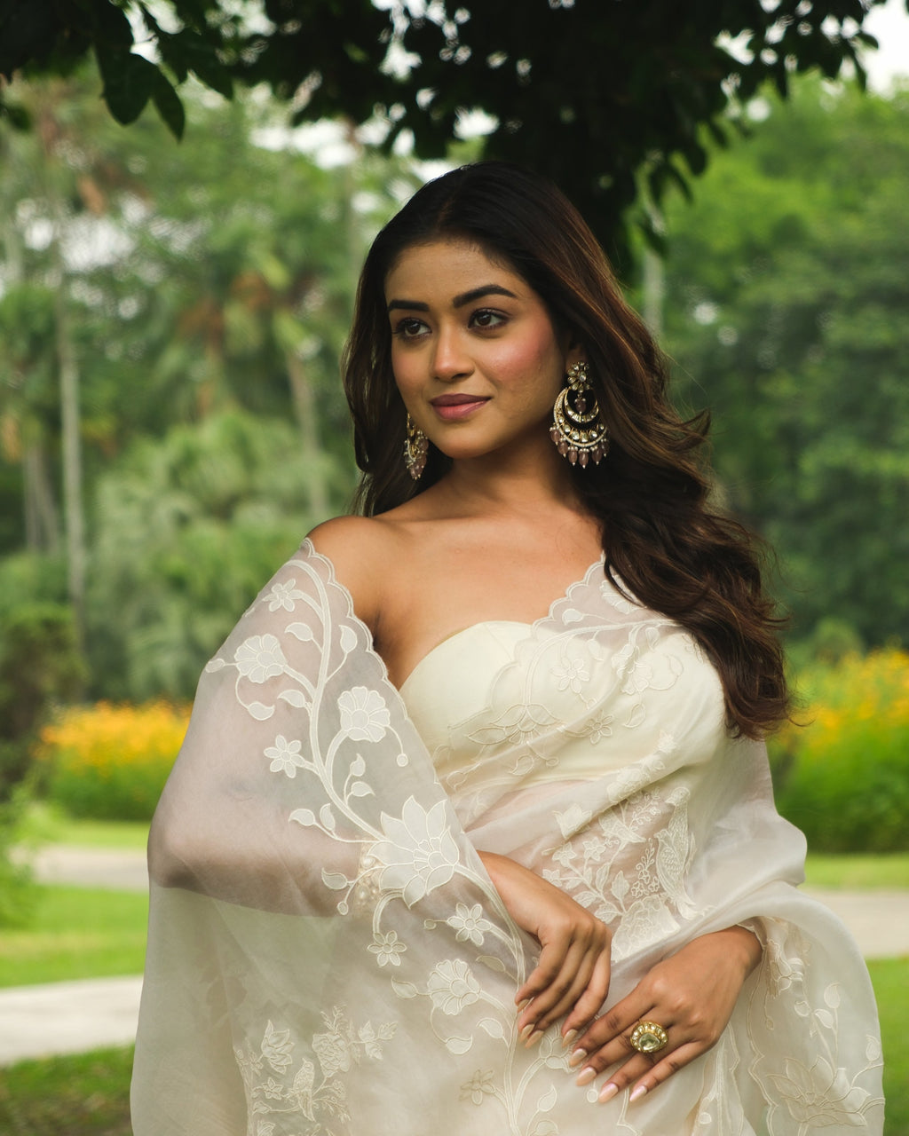 Ivory Organza Applique Saree