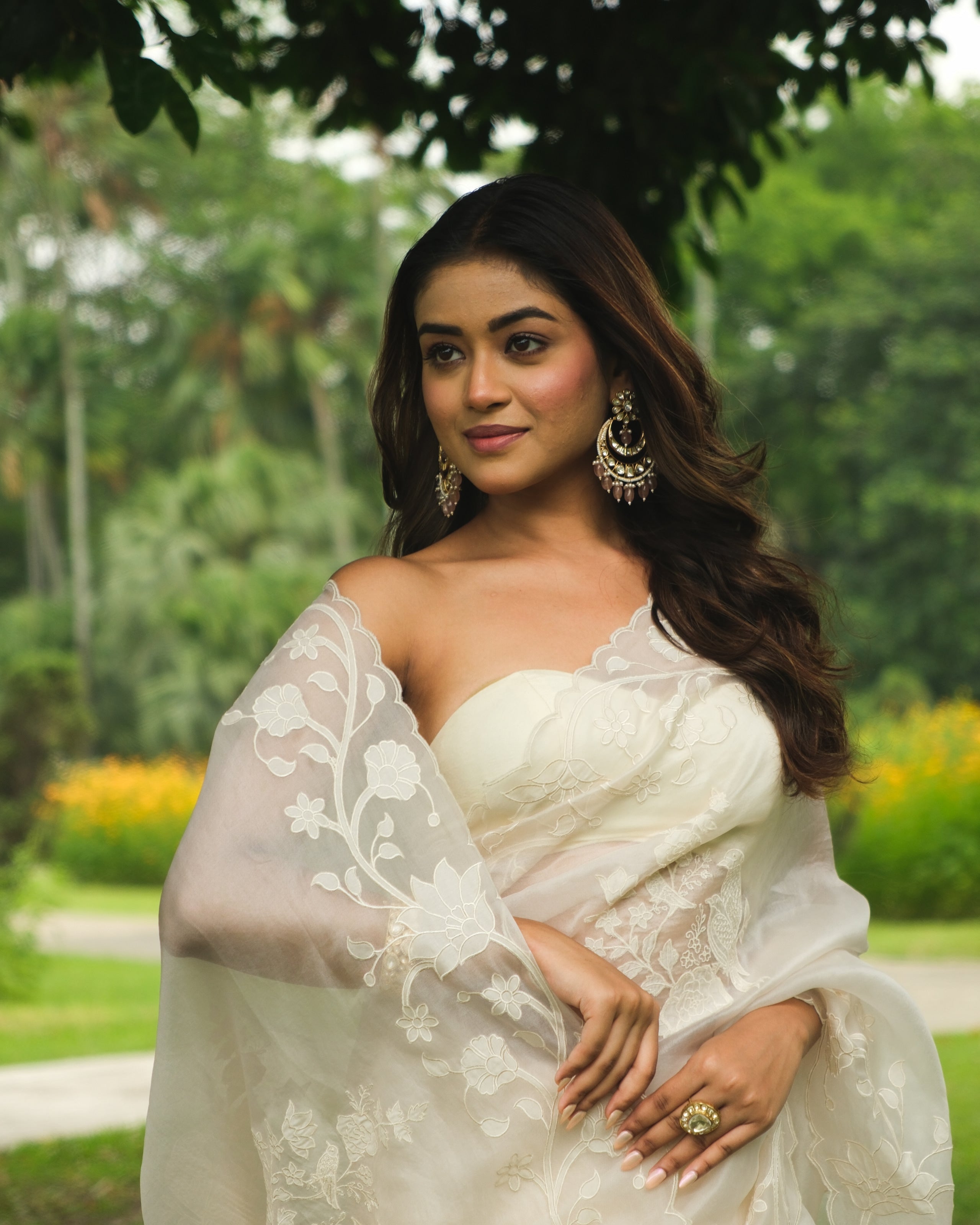 Ivory Organza Applique Saree