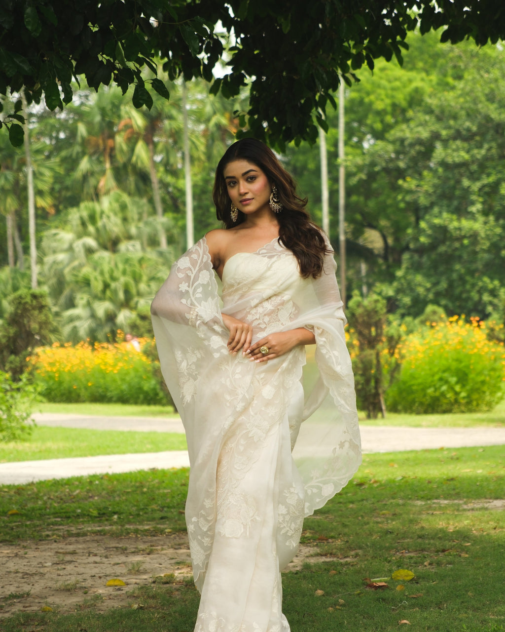 Ivory Organza Applique Saree