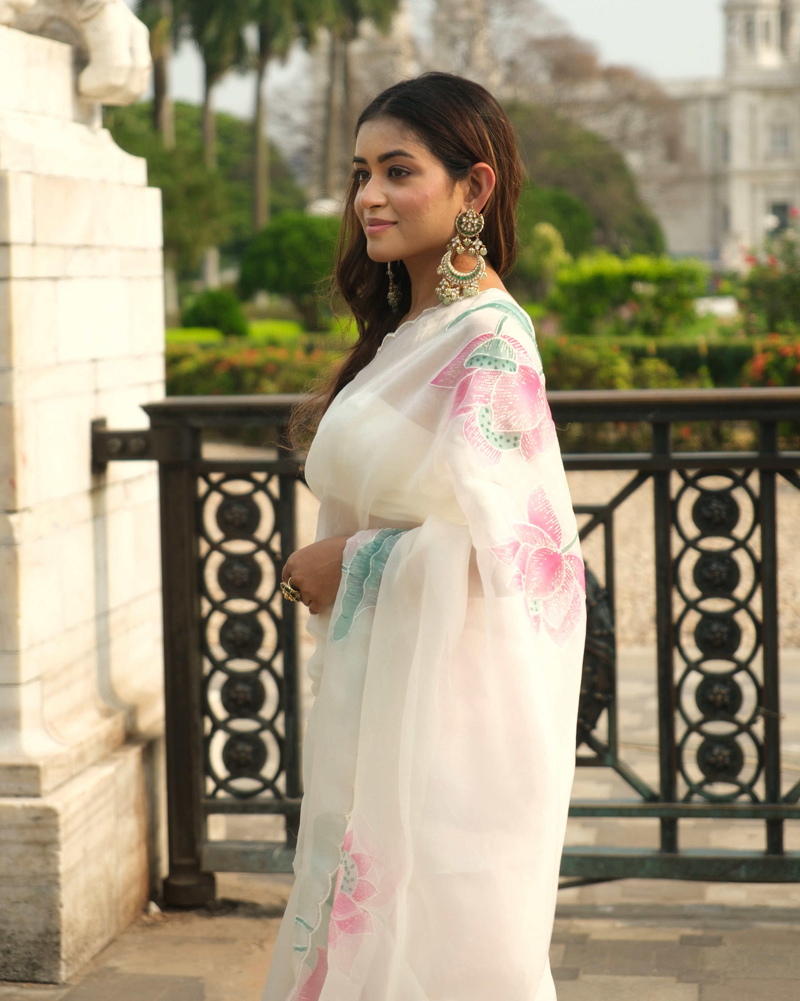 Ivory Organza Hand Painted Pichwai Print Saree
