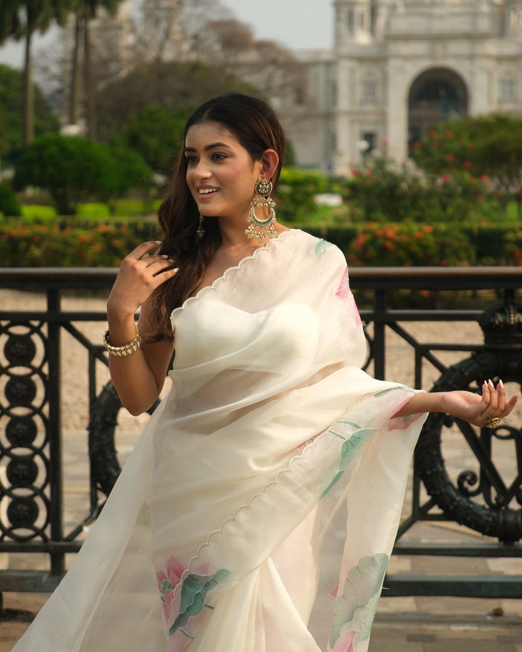 Ivory Organza Hand Painted Pichwai Print Saree