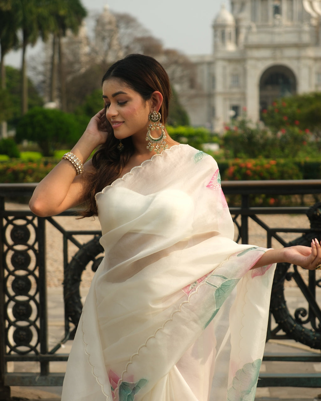 Ivory Organza Hand Painted Pichwai Print Saree