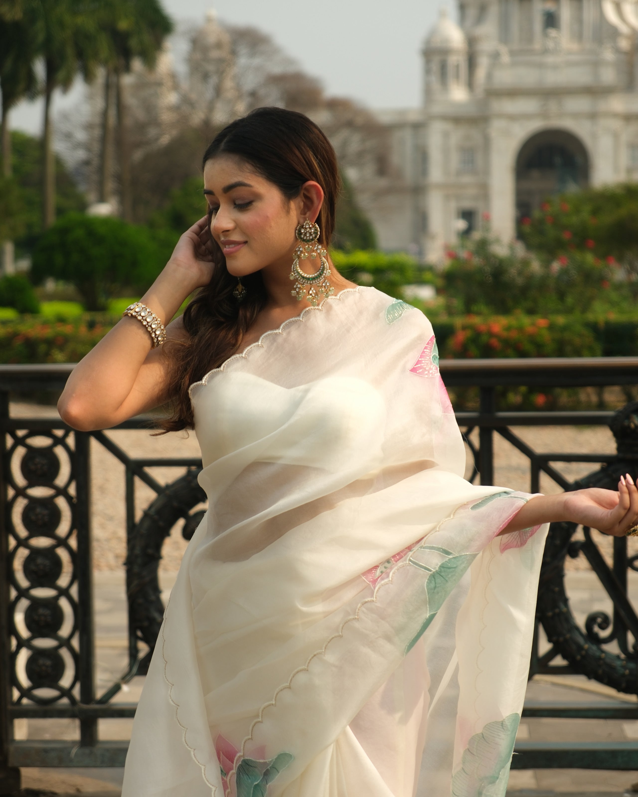 Ivory Organza Hand Painted Pichwai Print Saree