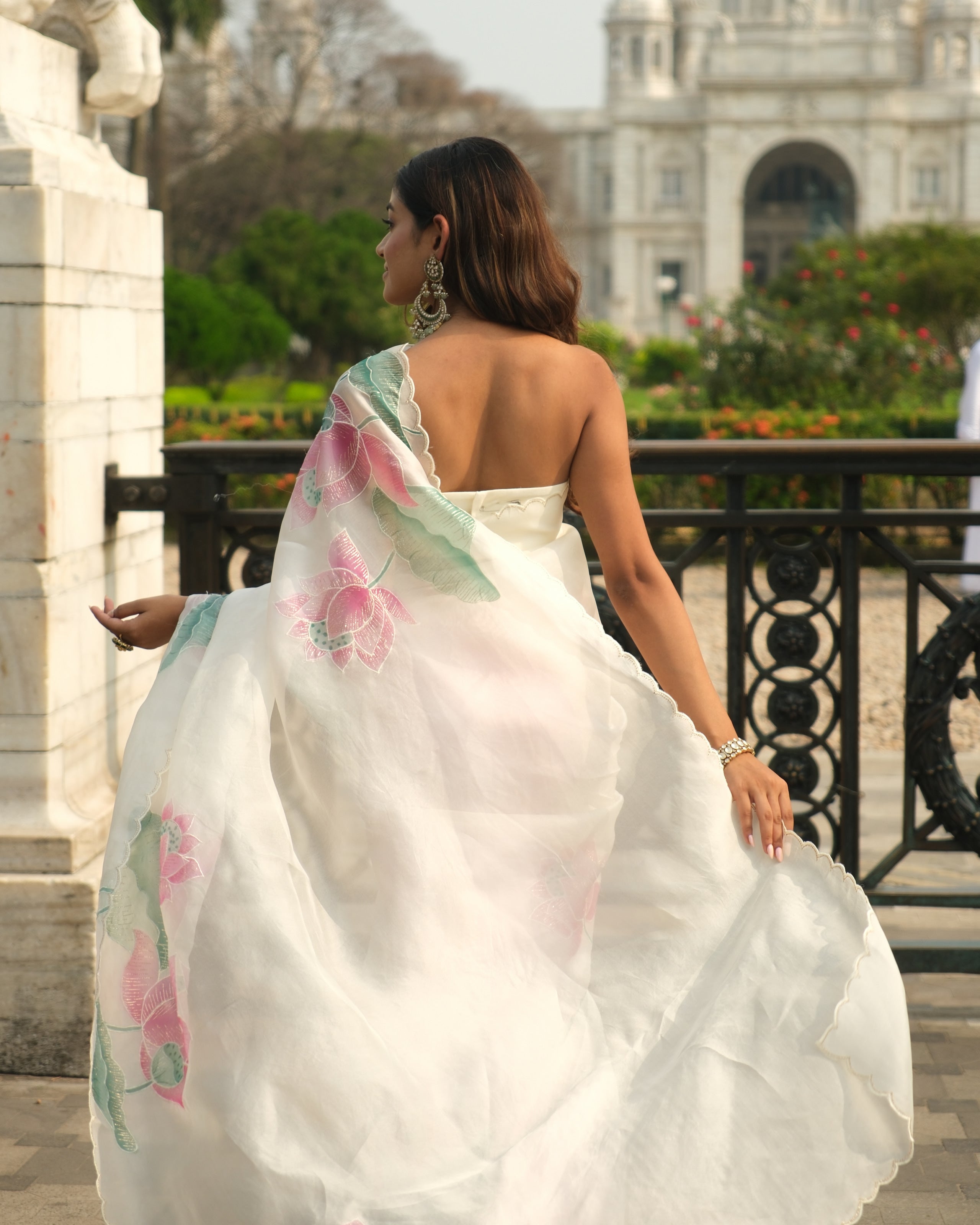 Ivory Organza Hand Painted Pichwai Print Saree