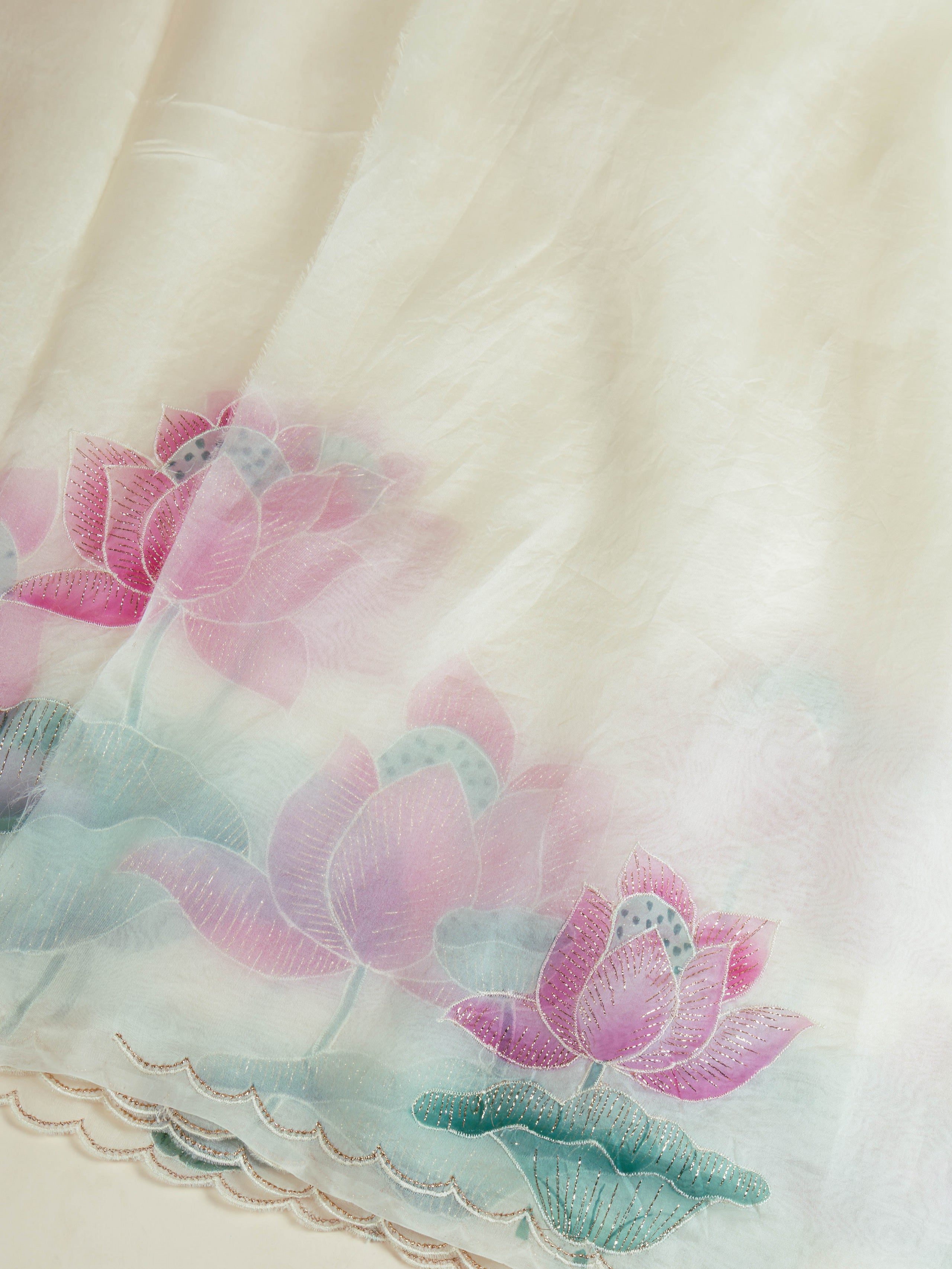 Ivory Organza Hand Painted Pichwai Print Saree