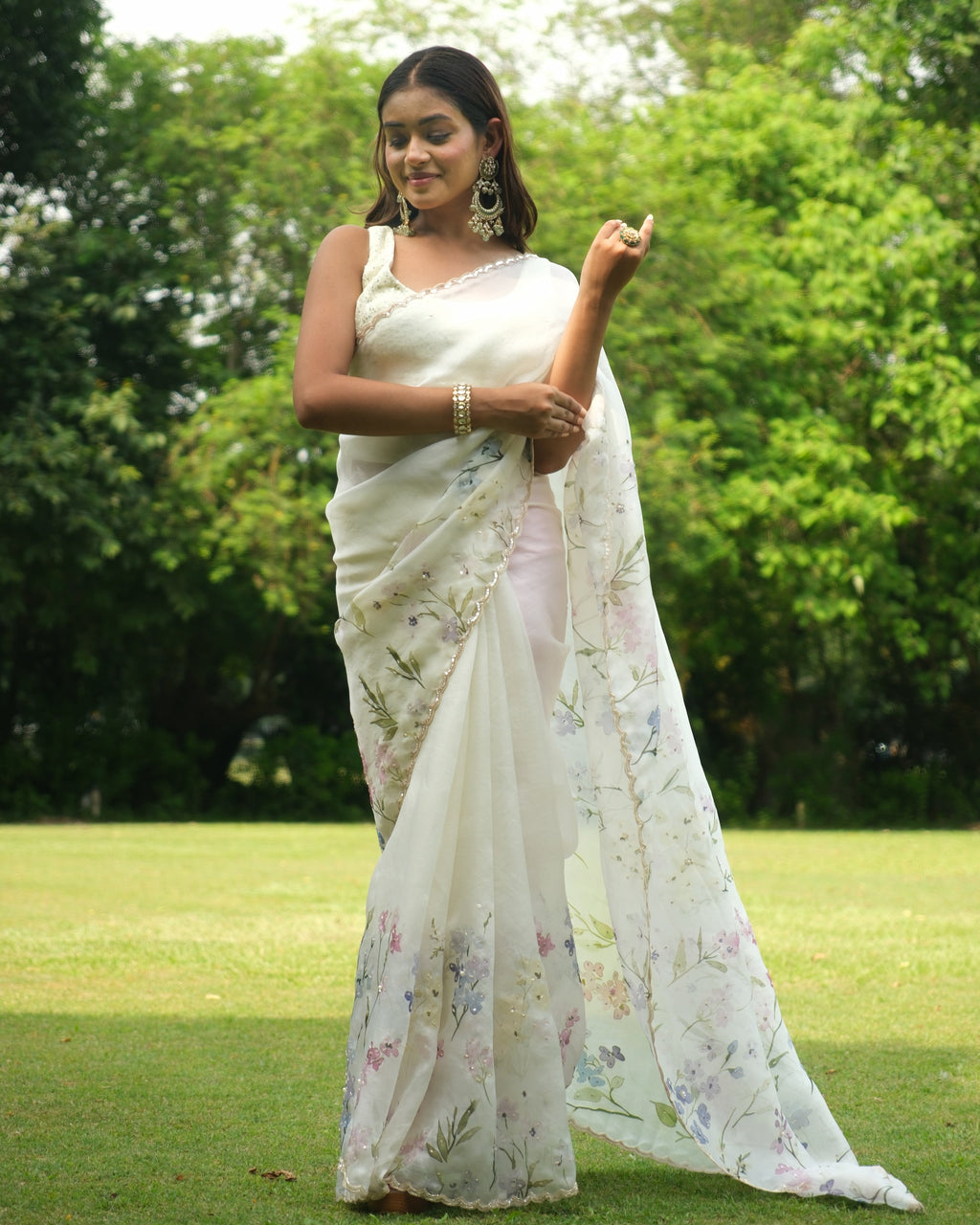Ivory Organza Sequins Saree