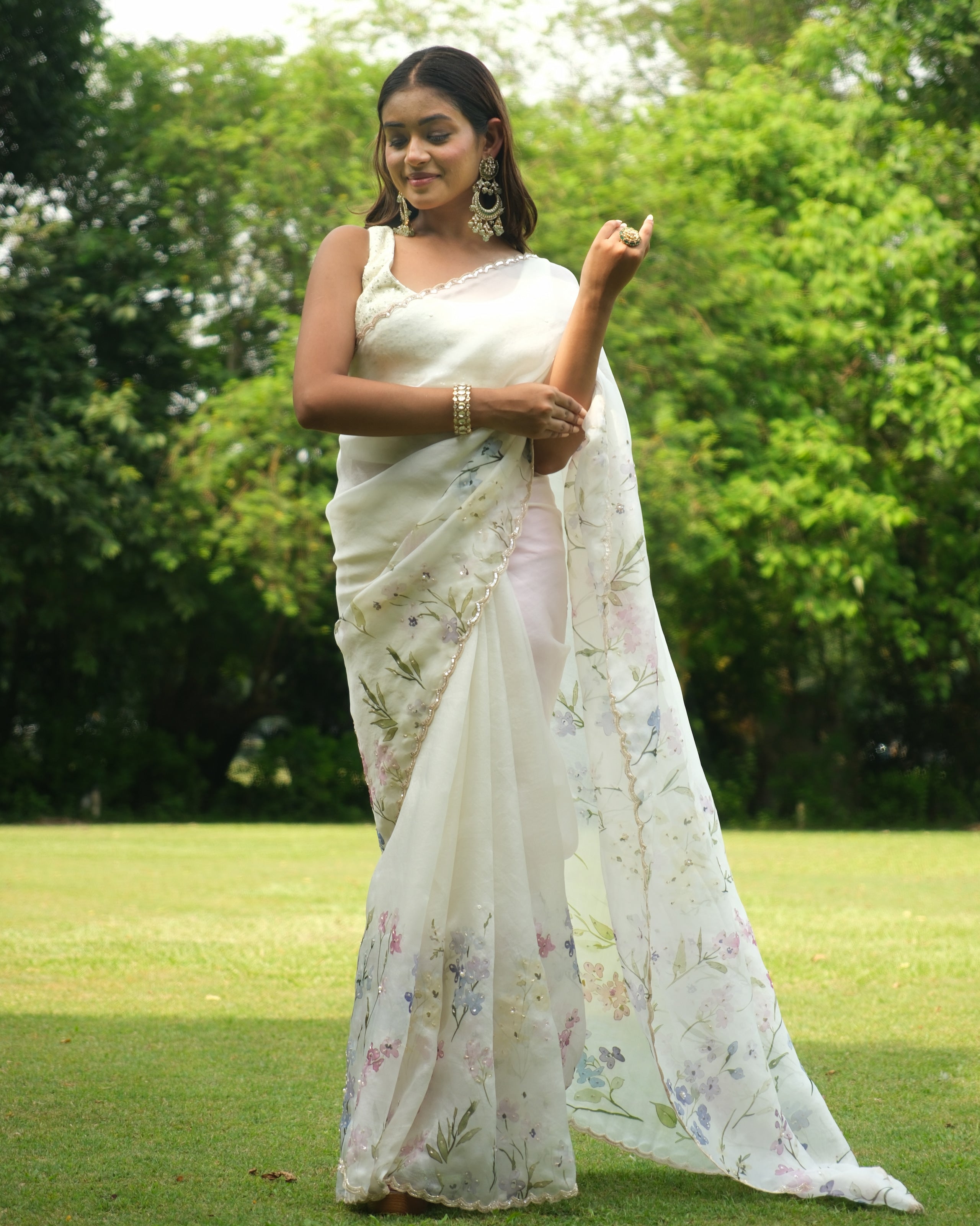 Ivory Organza Sequins Saree