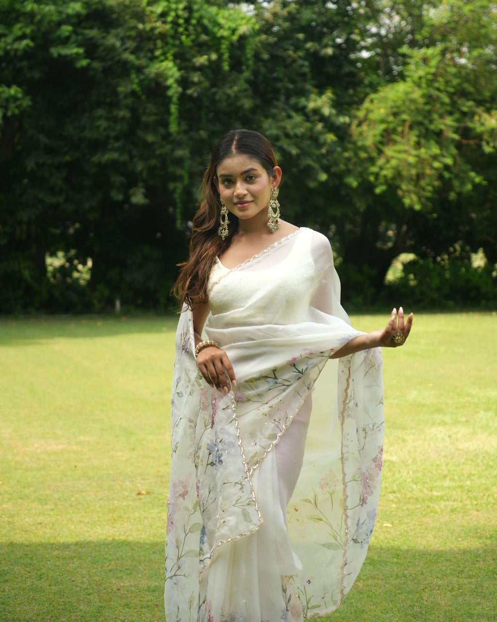 Ivory Organza Sequins Saree