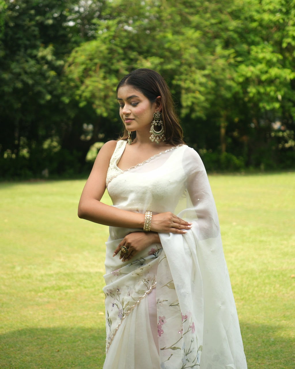 Ivory Organza Sequins Saree