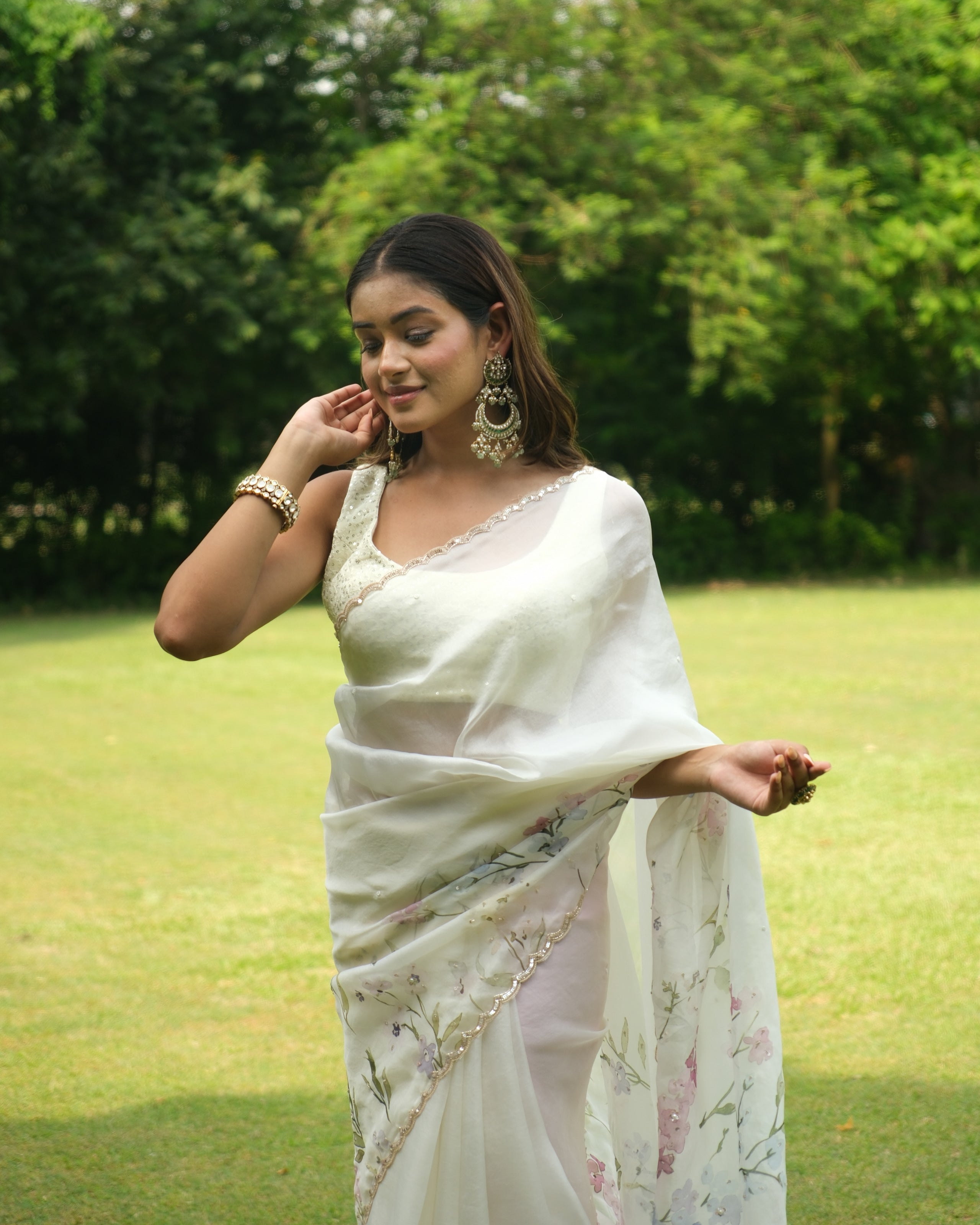 Ivory Organza Sequins Saree