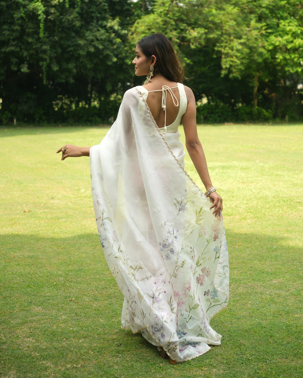 Ivory Organza Sequins Saree