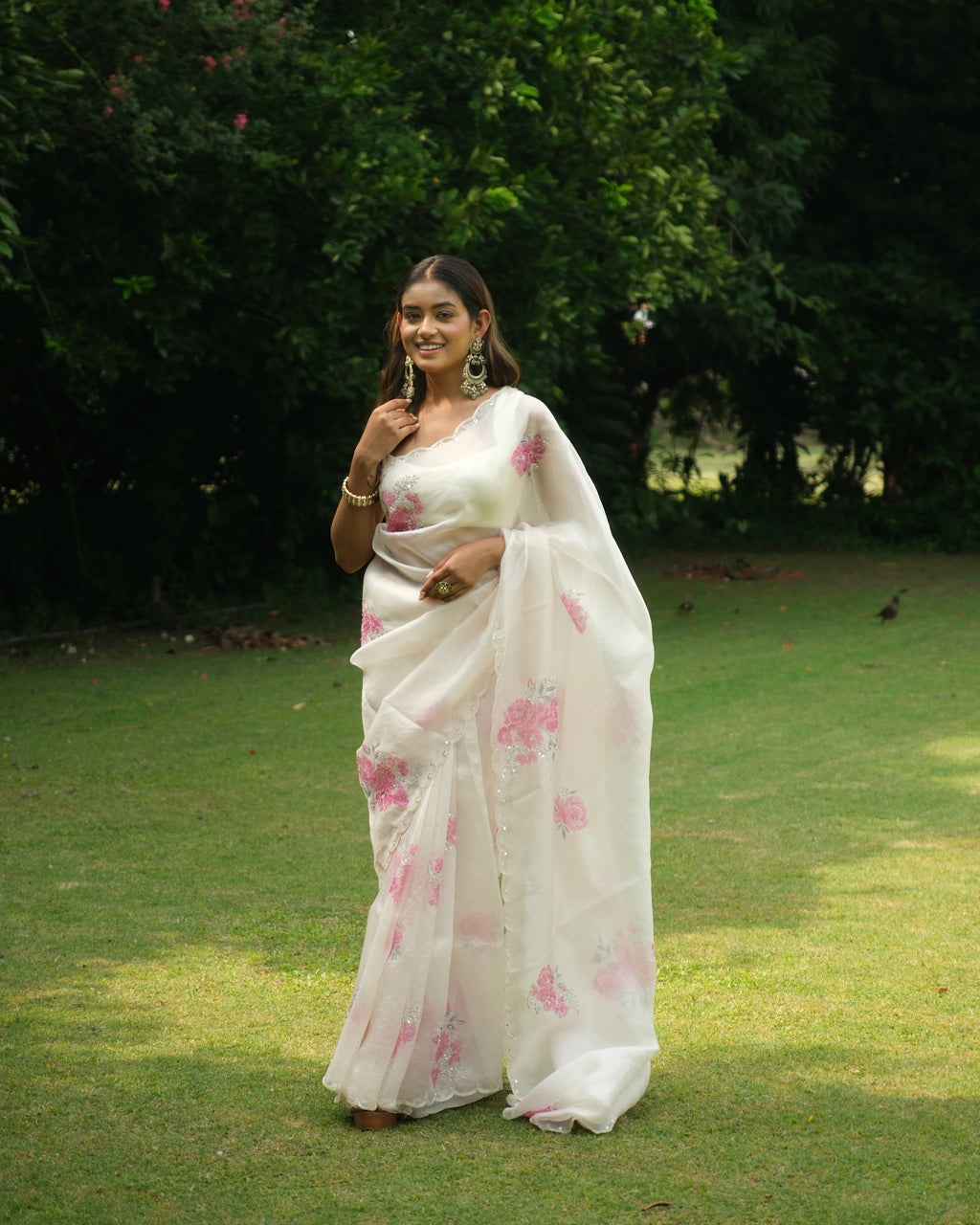 Ivory Organza Hand Painted Saree