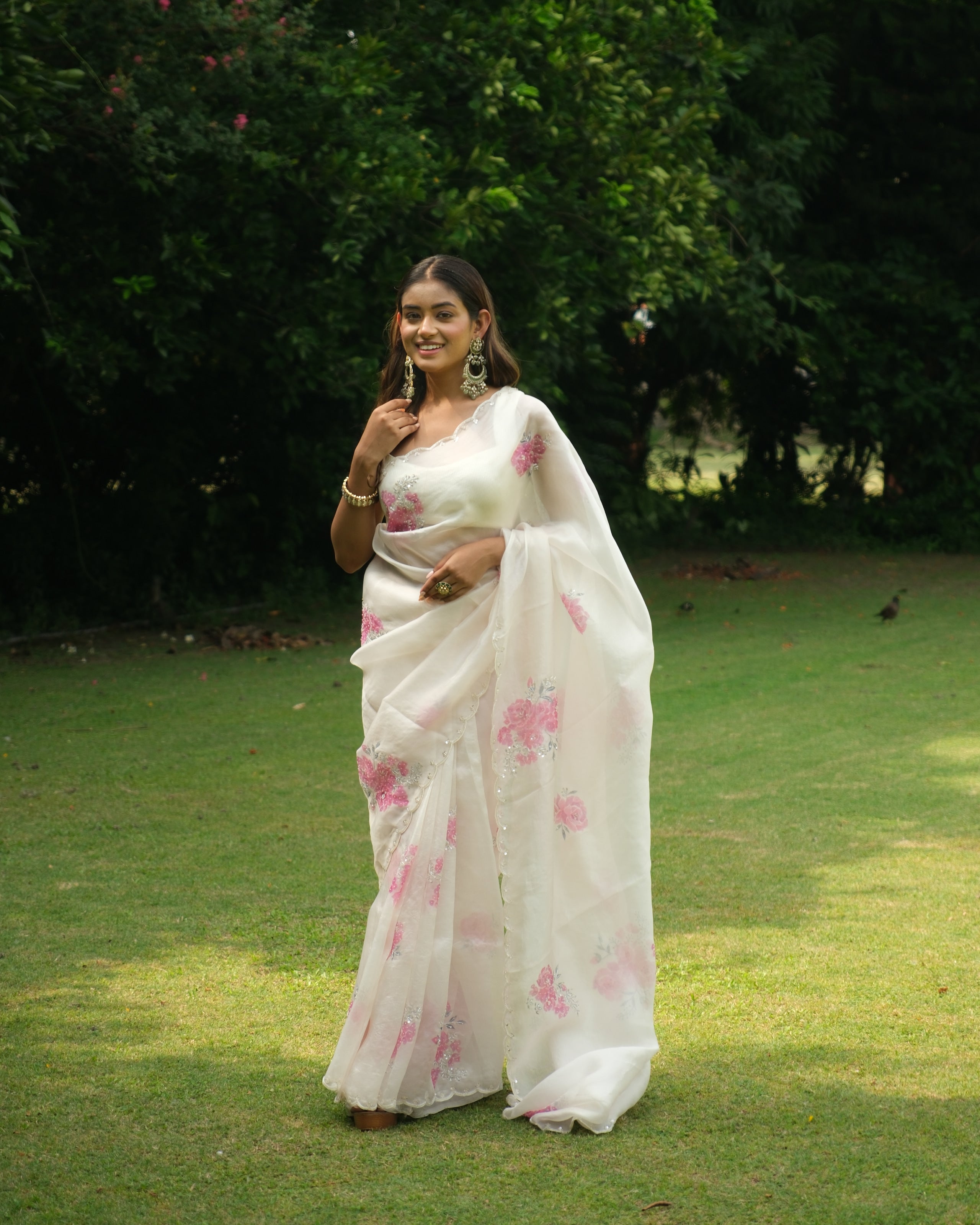 Ivory Organza Hand Painted Saree