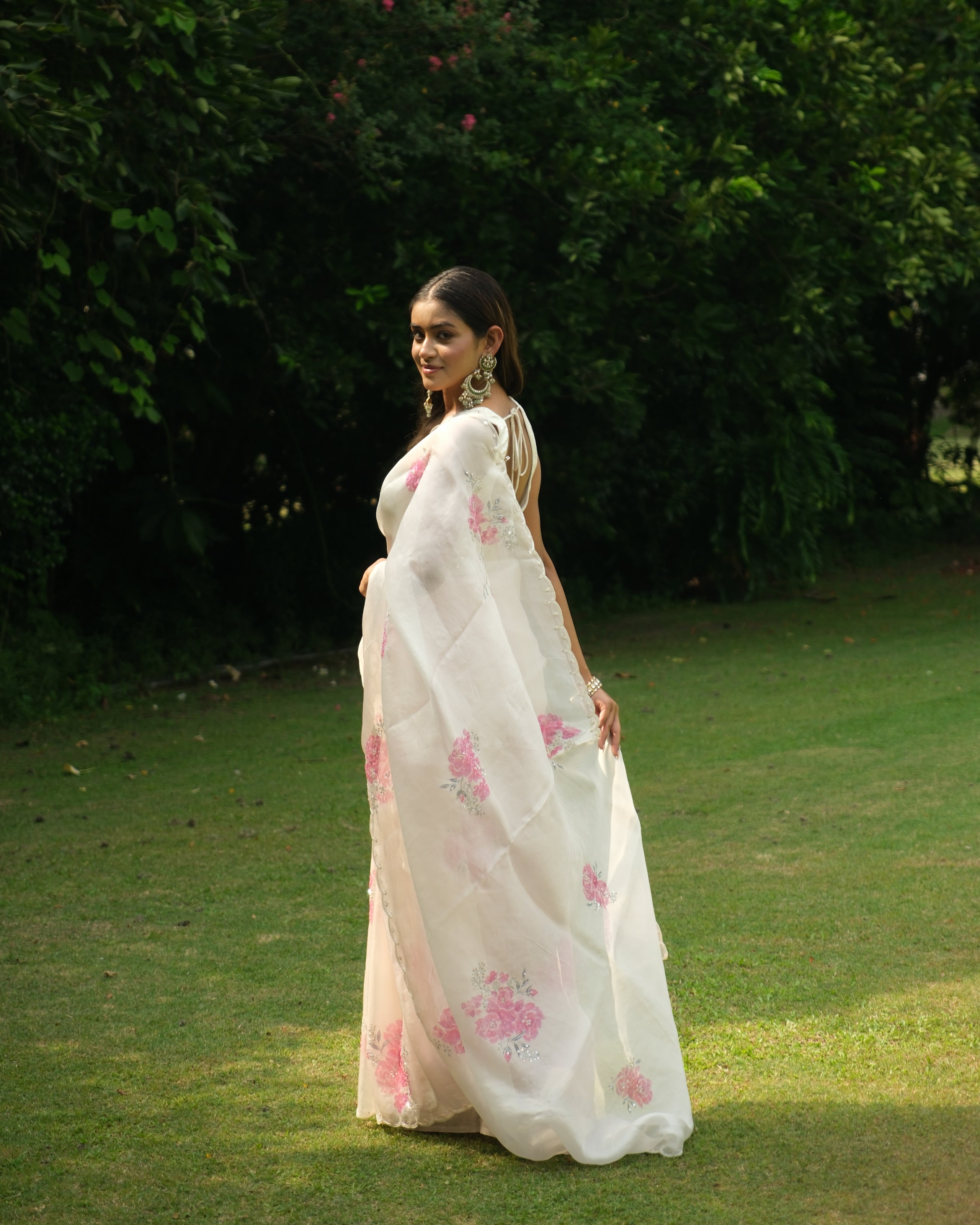 Ivory Organza Hand Painted Saree