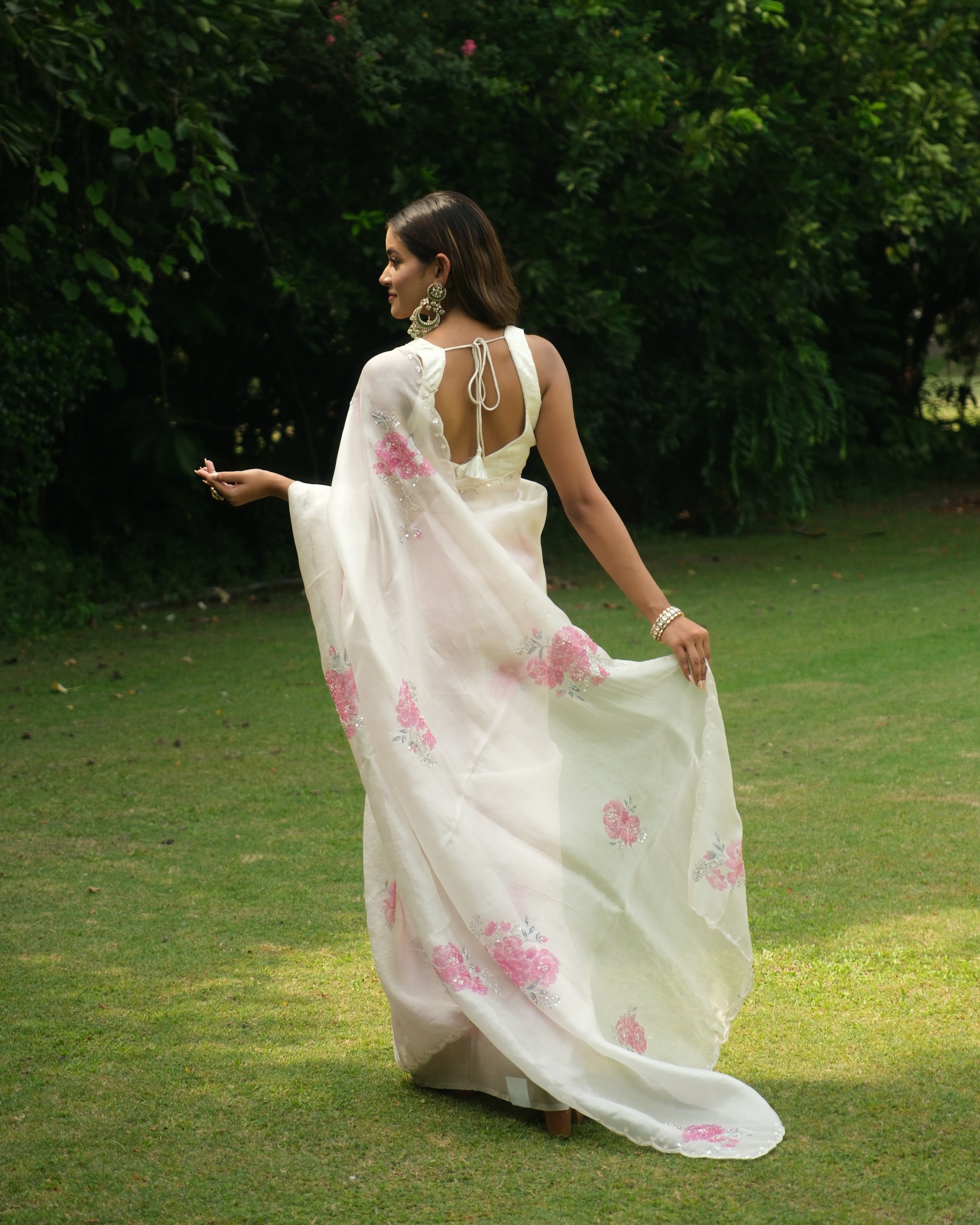 Ivory Organza Hand Painted Saree