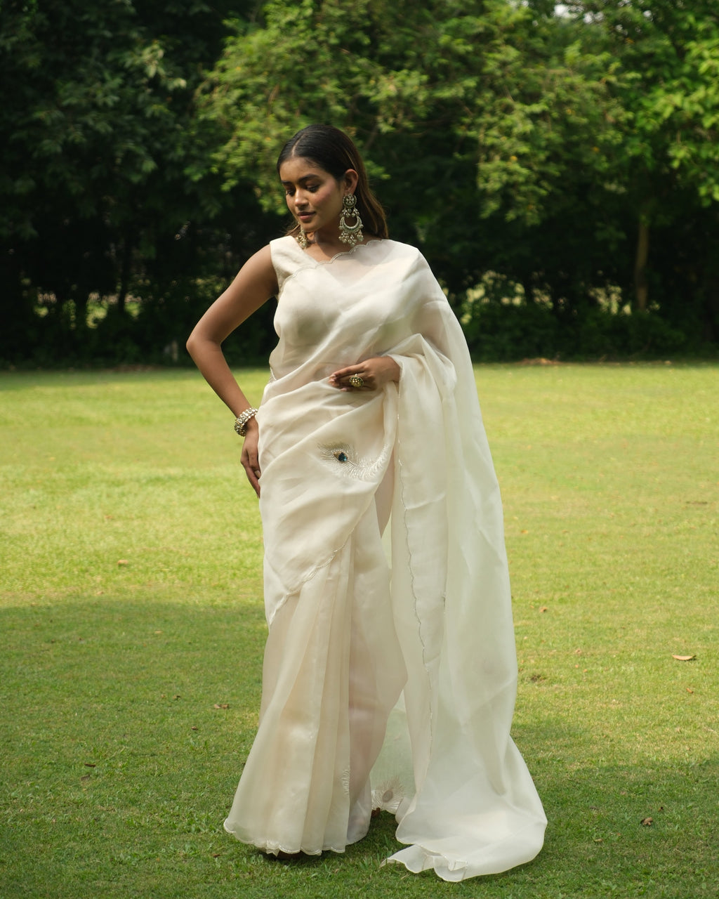 Ivory Organza Cutdana Saree