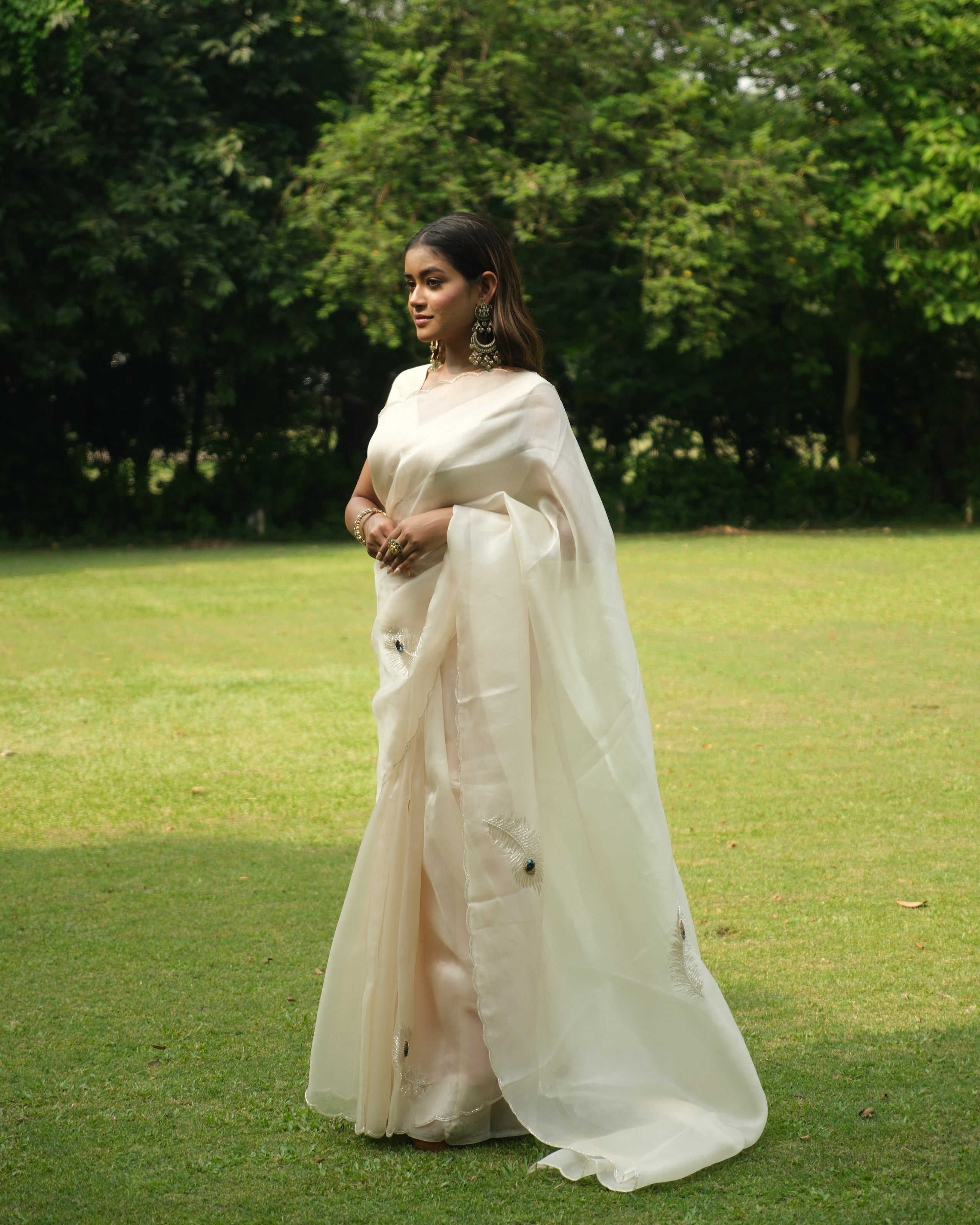 Ivory Organza Cutdana Saree