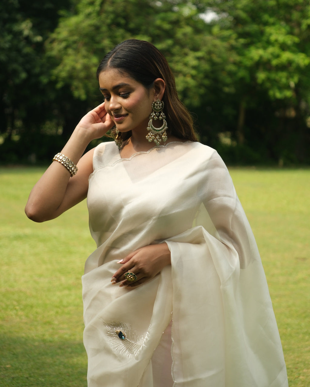 Ivory Organza Cutdana Saree