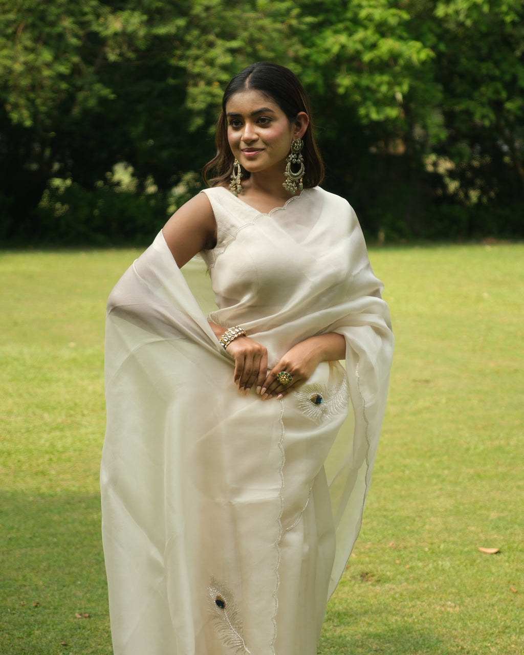 Ivory Organza Cutdana Saree