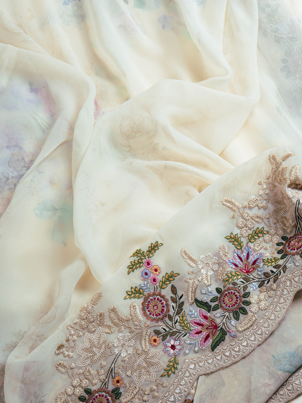 Ivory Georgette Digital Print and Threadwork Saree